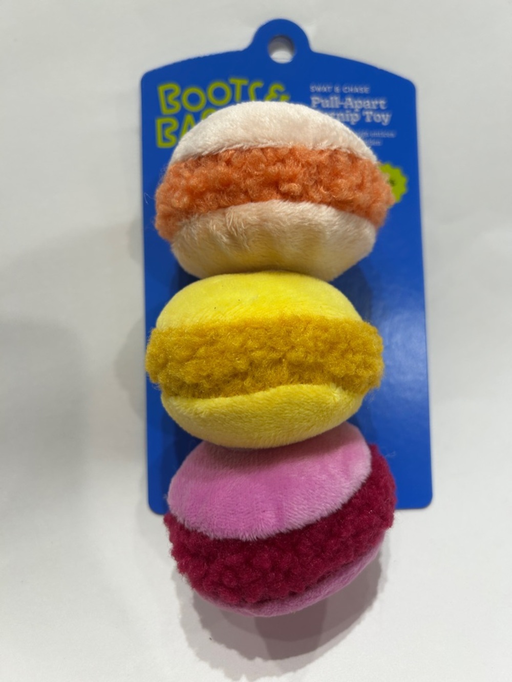 Boots & Barkley Yellow and Orange Pull-Apart Catnip Toy Plush colorful macarons